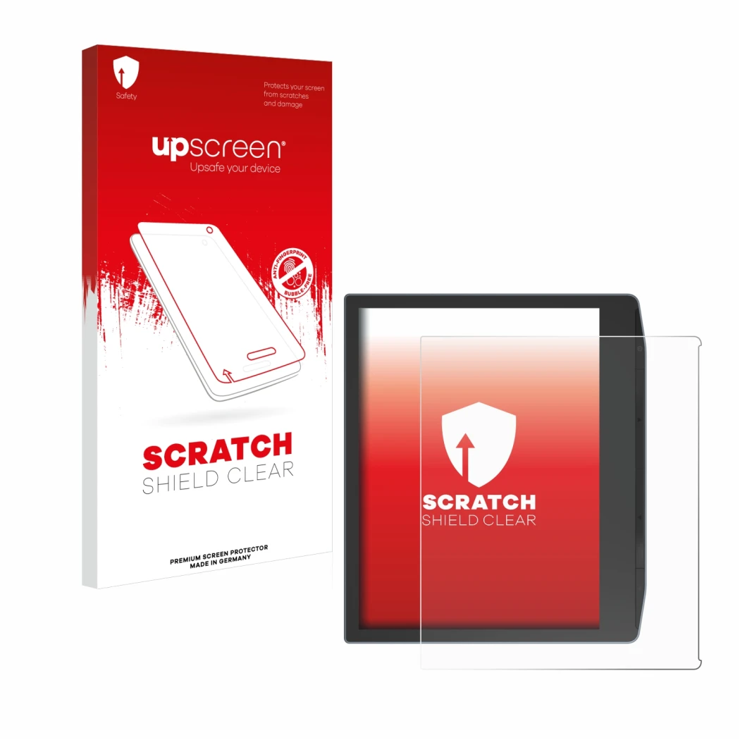 Parte frontal de un envase de producto con el logotipo de la marca upscreen. Al lado se muestra el dispositivo PocketBook Era 