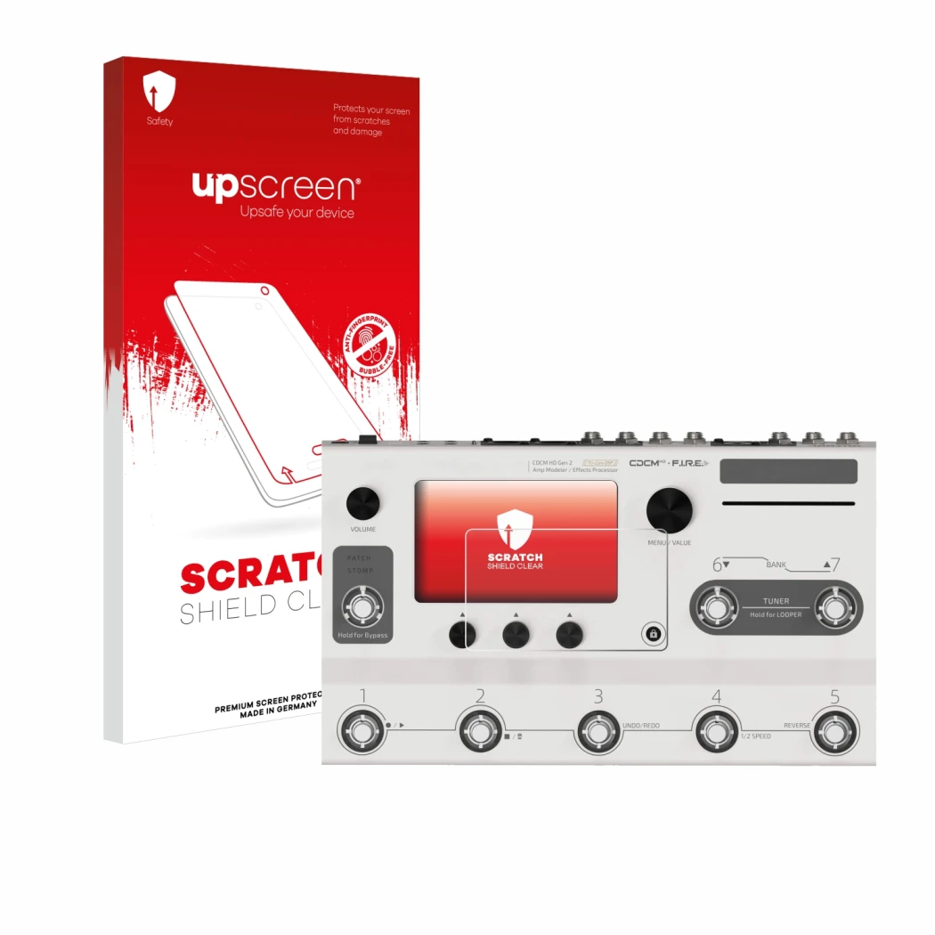 Parte frontal de un envase de producto con el logotipo de la marca upscreen. Al lado se muestra el dispositivo Hotone Ampero I