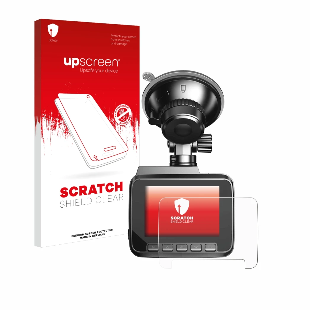 Parte frontal de un envase de producto con el logotipo de la marca upscreen. Al lado se muestra el dispositivo Azdome IT-G63D