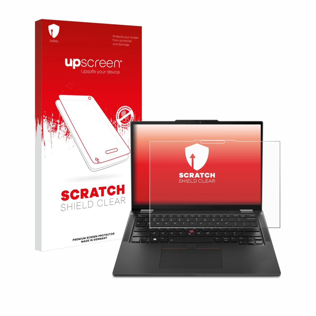 Parte frontal de un envase de producto con el logotipo de la marca upscreen. Al lado se muestra el dispositivo Lenovo ThinkPad