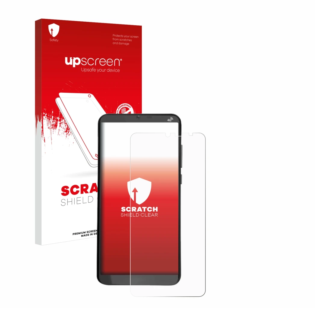 Parte frontal de un envase de producto con el logotipo de la marca upscreen. Al lado se muestra el dispositivo Brondi Amico XL