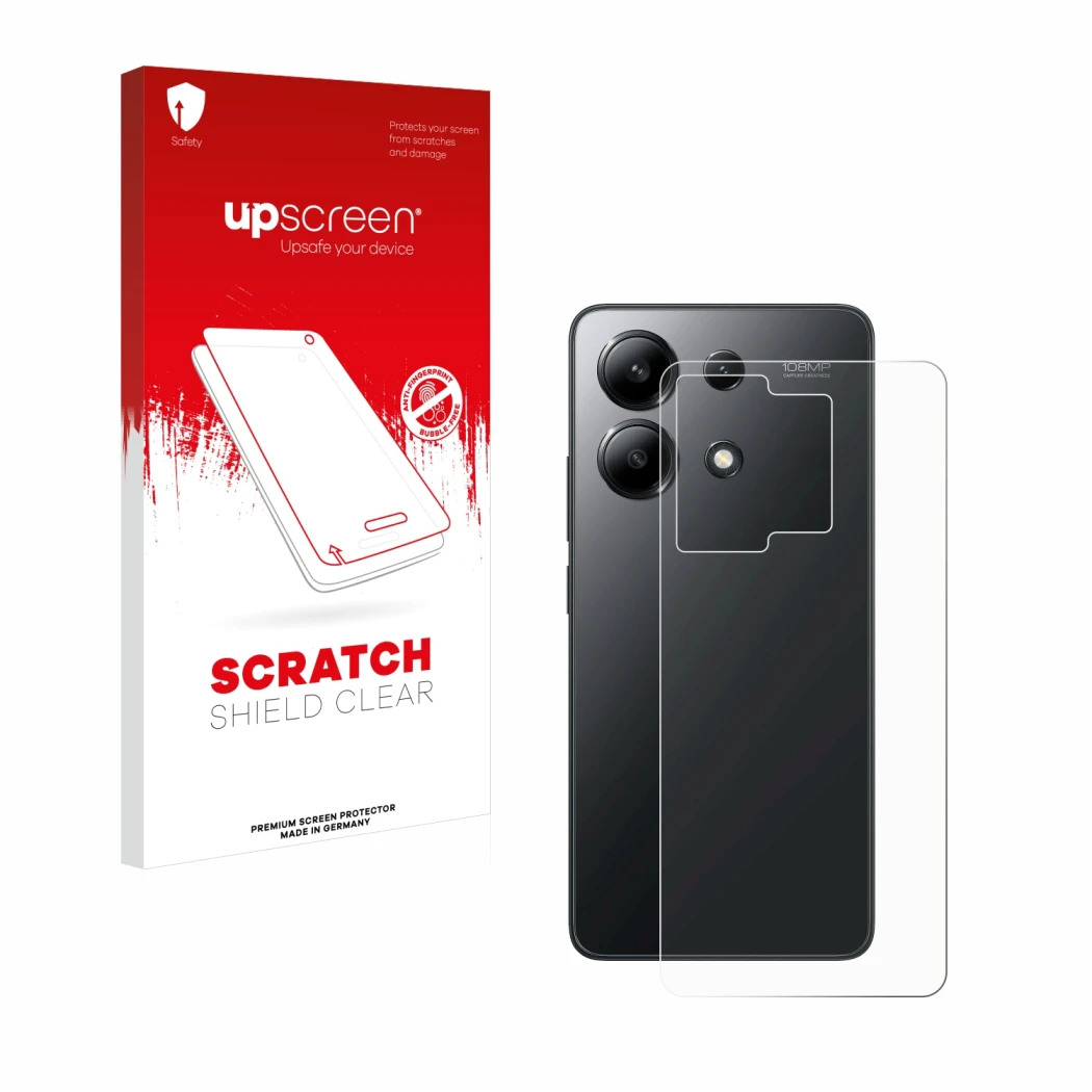 Parte frontal de un envase de producto con el logotipo de la marca upscreen. Al lado se muestra el dispositivo Xiaomi Redmi No