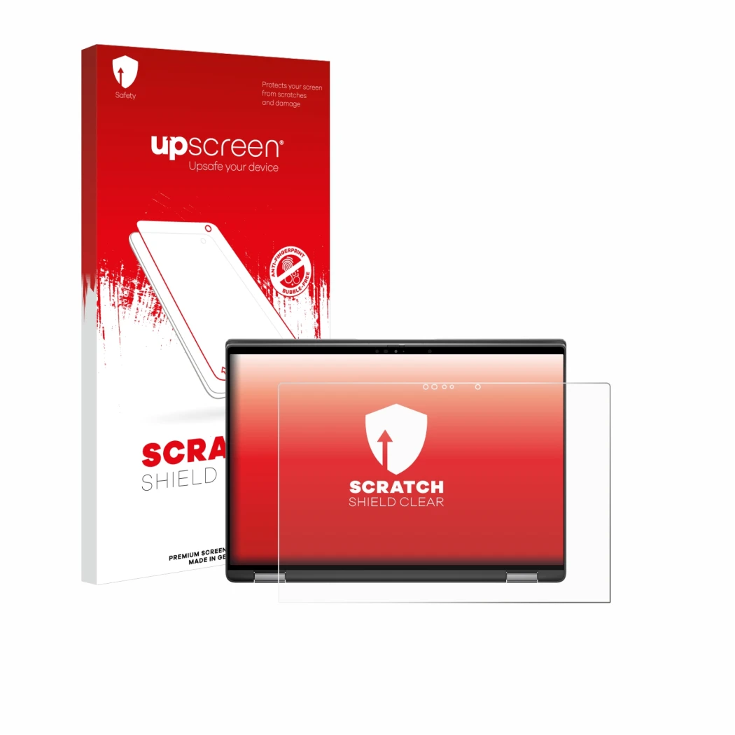 Parte frontal de un envase de producto con el logotipo de la marca upscreen. Al lado se muestra el dispositivo Dell Latitude 7