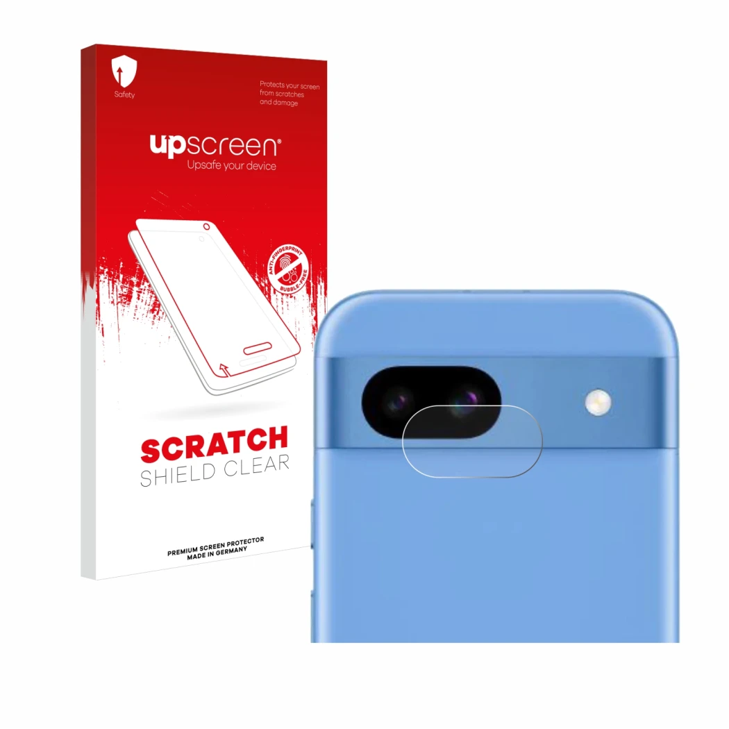 Parte frontal de un envase de producto con el logotipo de la marca upscreen. Al lado se muestra el dispositivo Google Pixel 8a