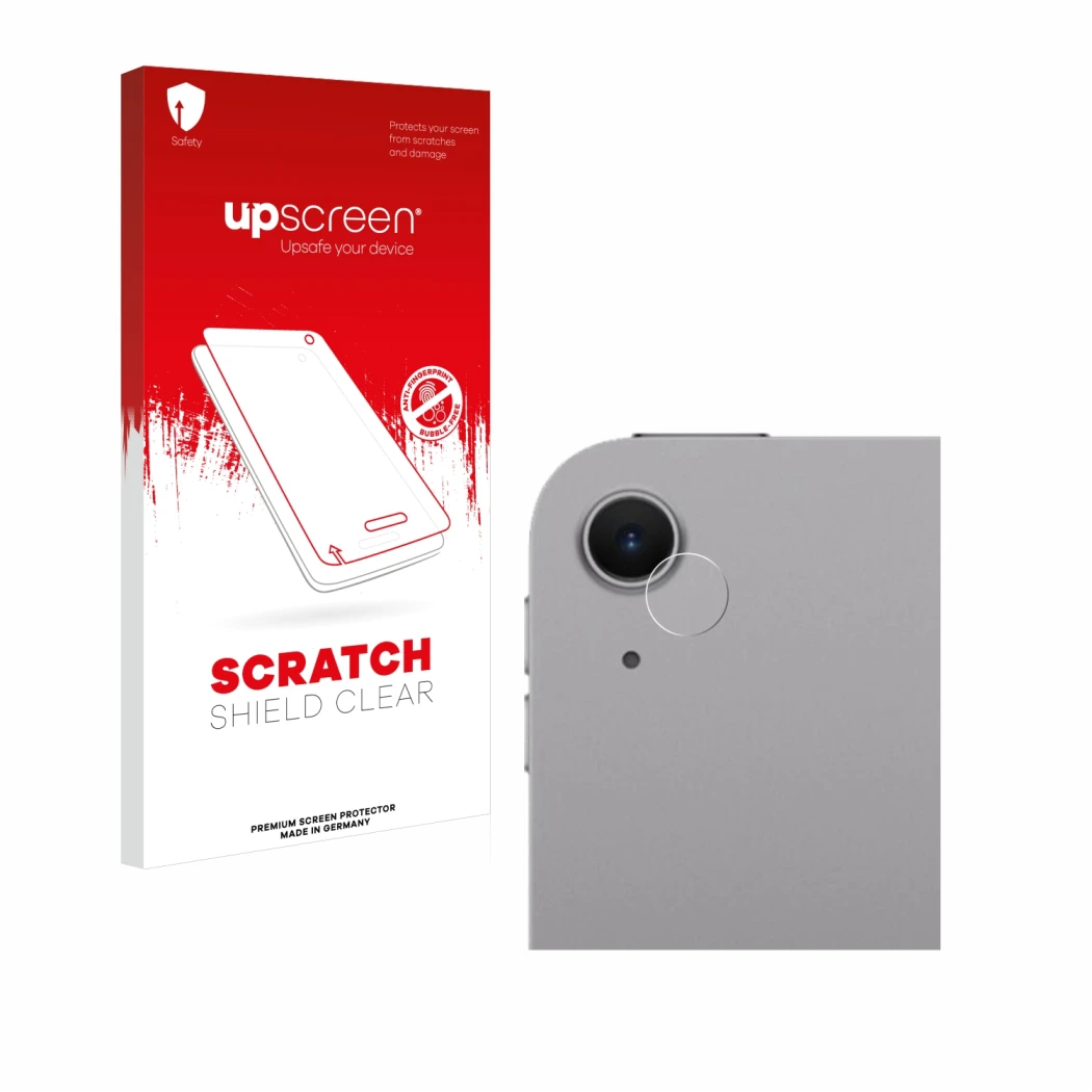 Parte frontal de un envase de producto con el logotipo de la marca upscreen. Al lado se muestra el dispositivo Apple iPad Air 