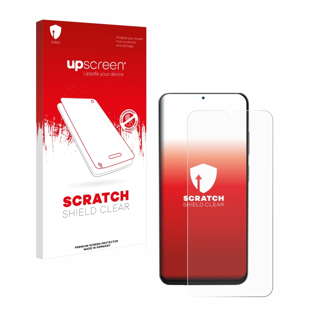 Parte frontal de un envase de producto con el logotipo de la marca upscreen. Al lado se muestra el dispositivo Doogee N55 Pro