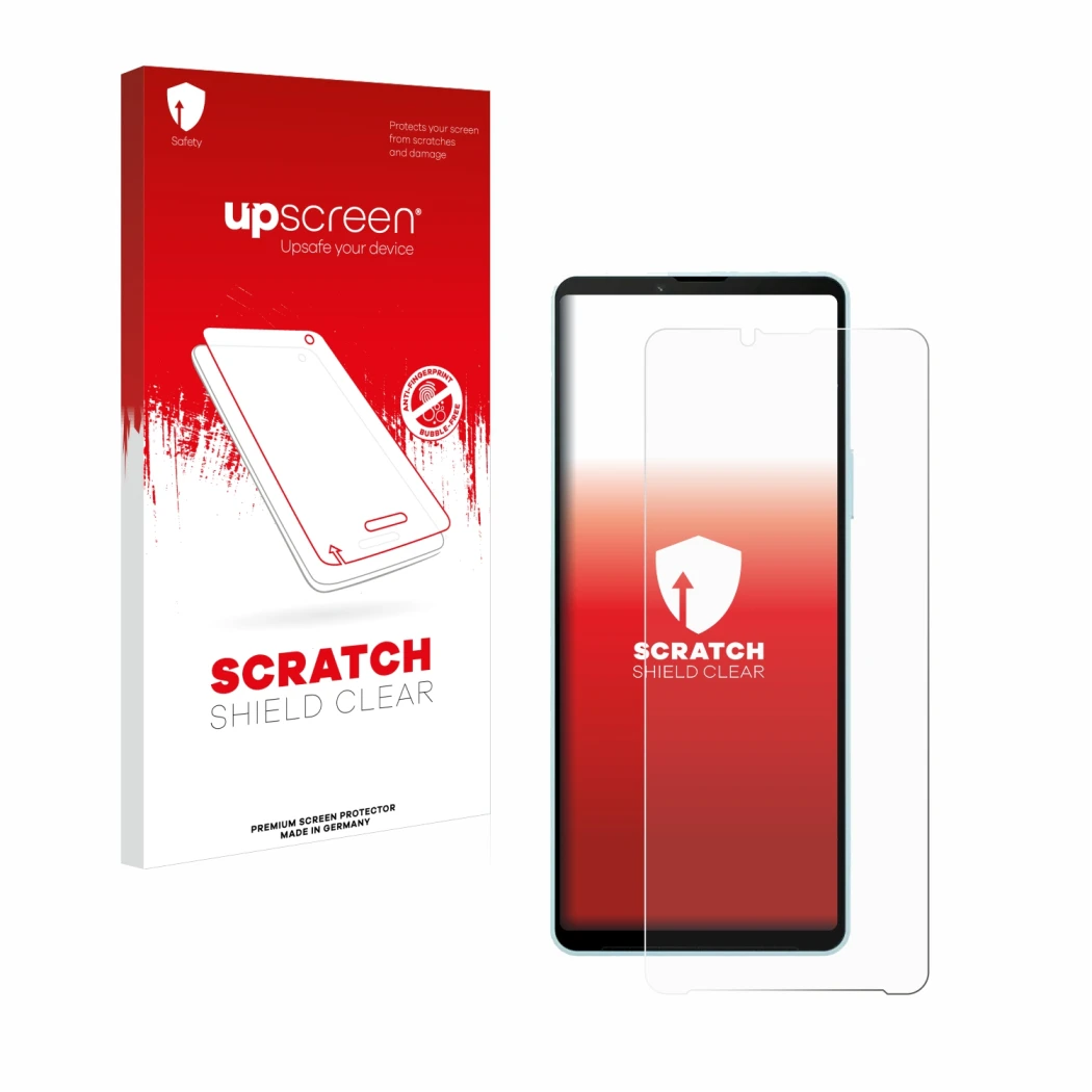Parte frontal de un envase de producto con el logotipo de la marca upscreen. Al lado se muestra el dispositivo Sony Xperia 10