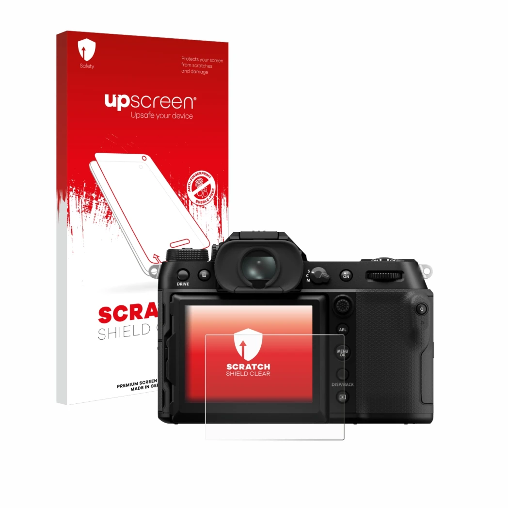 Parte frontal de un envase de producto con el logotipo de la marca upscreen. Al lado se muestra el dispositivo Fujifilm GFX100