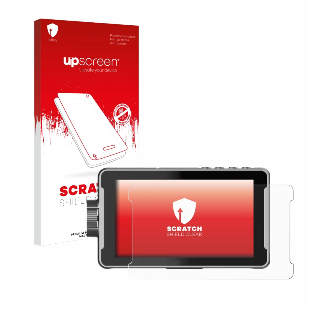 Parte frontal de un envase de producto con el logotipo de la marca upscreen. Al lado se muestra el dispositivo Viltrox DC-550