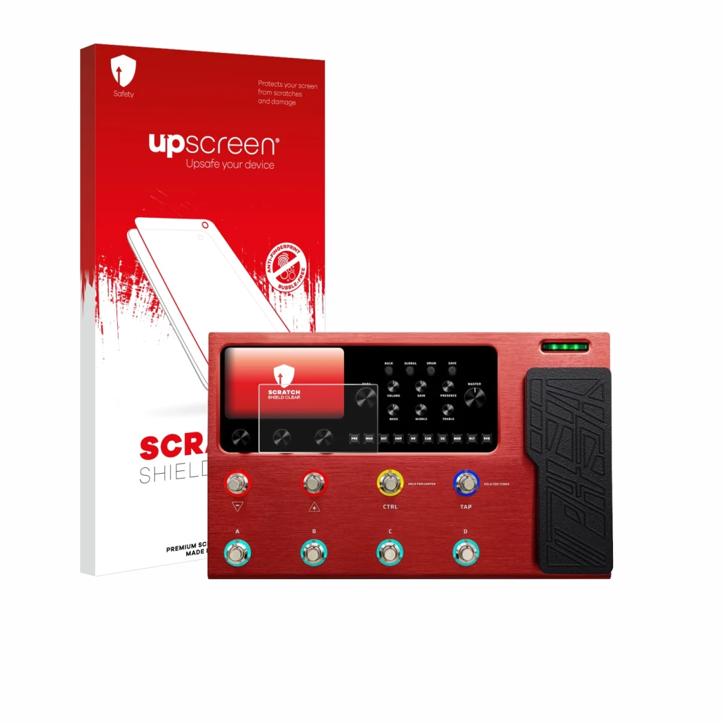 Parte frontal de un envase de producto con el logotipo de la marca upscreen. Al lado se muestra el dispositivo Valeton GP-200R