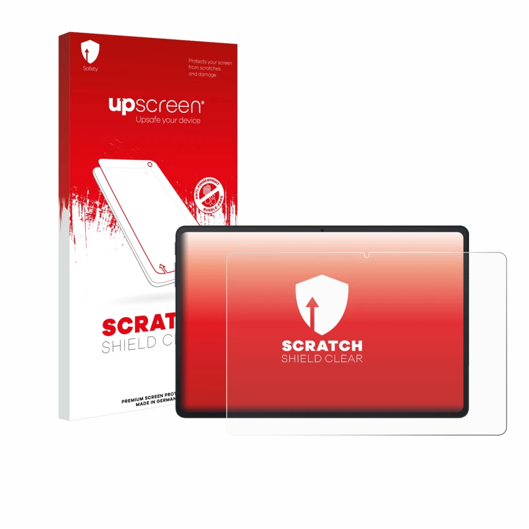 Parte frontal de un envase de producto con el logotipo de la marca upscreen. Al lado se muestra el dispositivo Blackview Tab 9