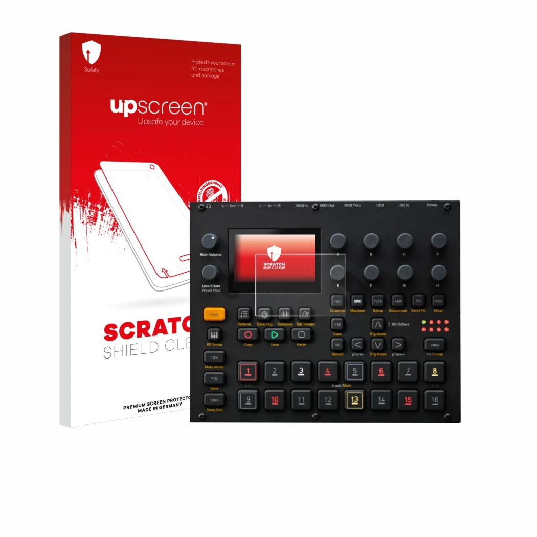 Parte frontal de un envase de producto con el logotipo de la marca upscreen. Al lado se muestra el dispositivo Elektron Digita