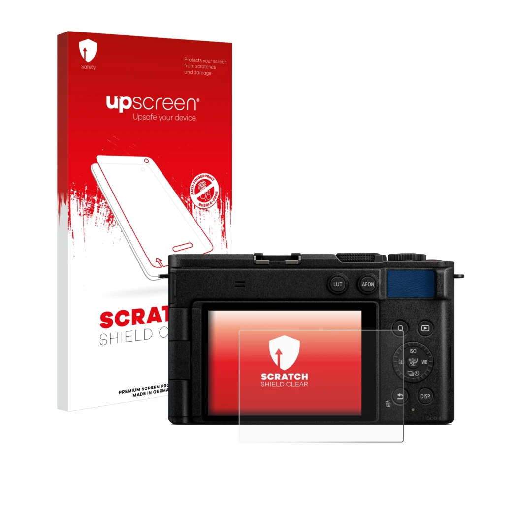 Parte frontal de un envase de producto con el logotipo de la marca upscreen. Al lado se muestra el dispositivo Panasonic Lumix