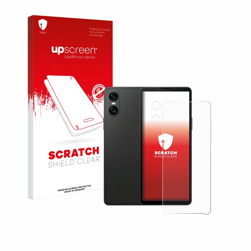 Parte frontal de un envase de producto con el logotipo de la marca upscreen. Al lado se muestra el dispositivo Sony Xperia 10 