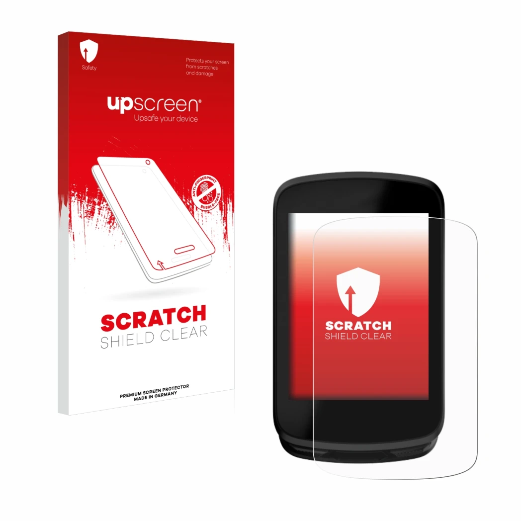Parte frontal de un envase de producto con el logotipo de la marca upscreen. Al lado se muestra el dispositivo Magene C606 con