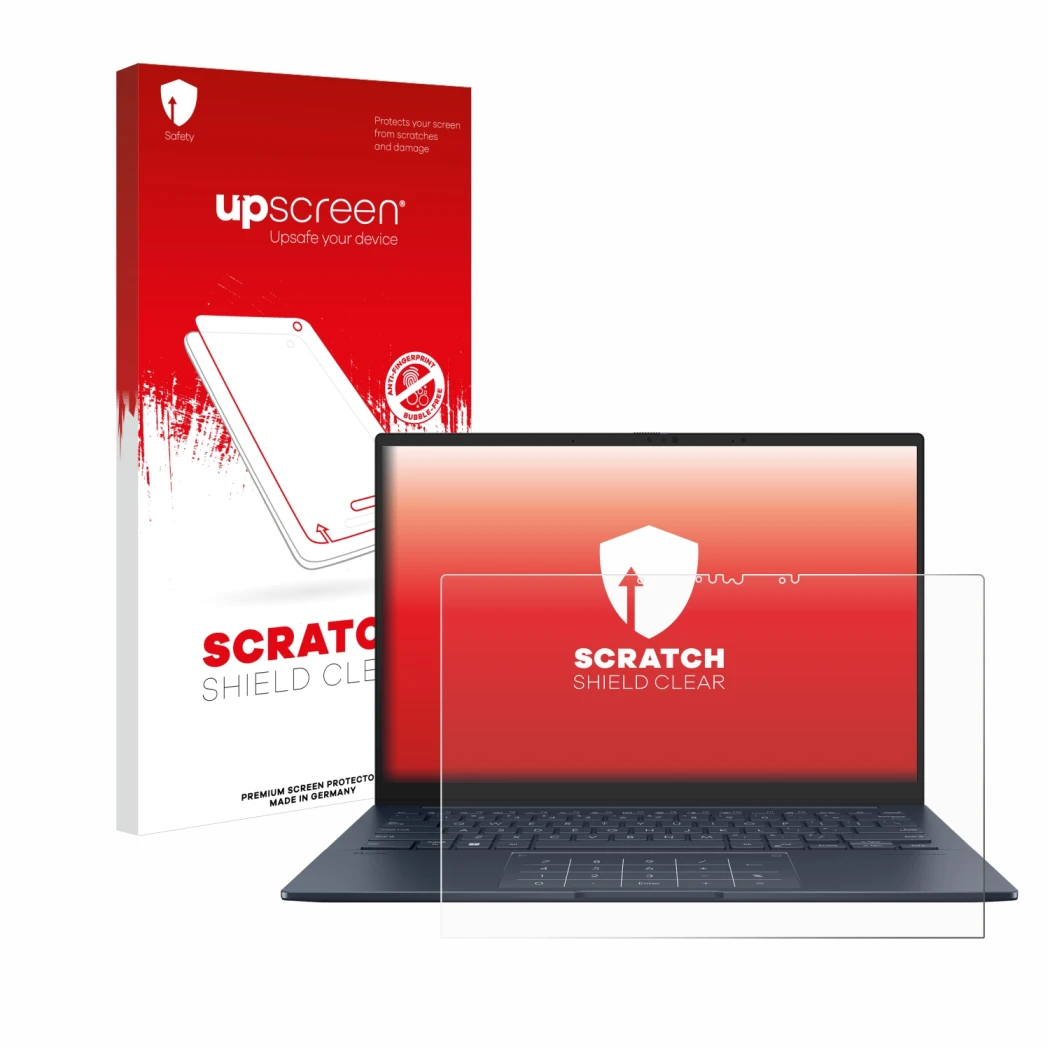 Parte frontal de un envase de producto con el logotipo de la marca upscreen. Al lado se muestra el dispositivo ASUS ZenBook 14