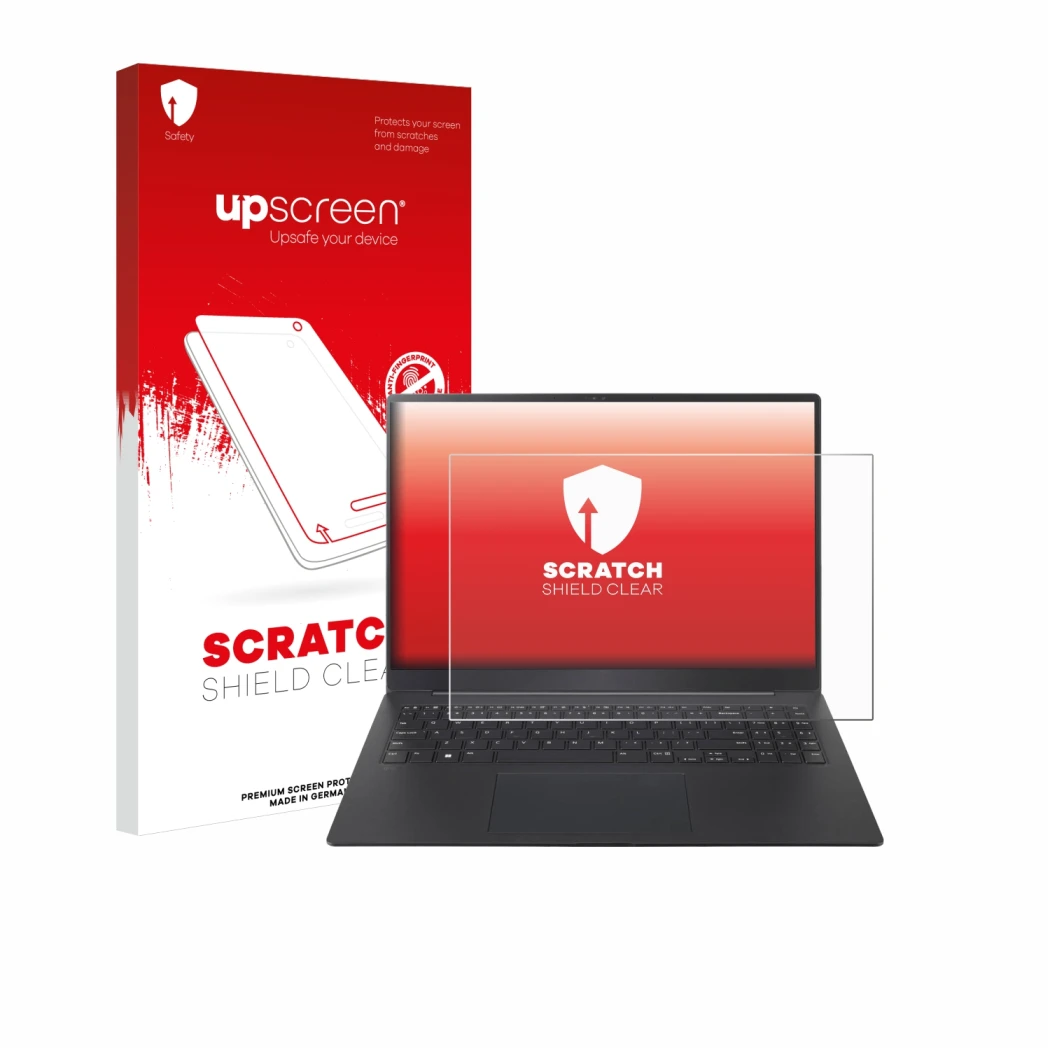 Parte frontal de un envase de producto con el logotipo de la marca upscreen. Al lado se muestra el dispositivo LG gram Pro 16