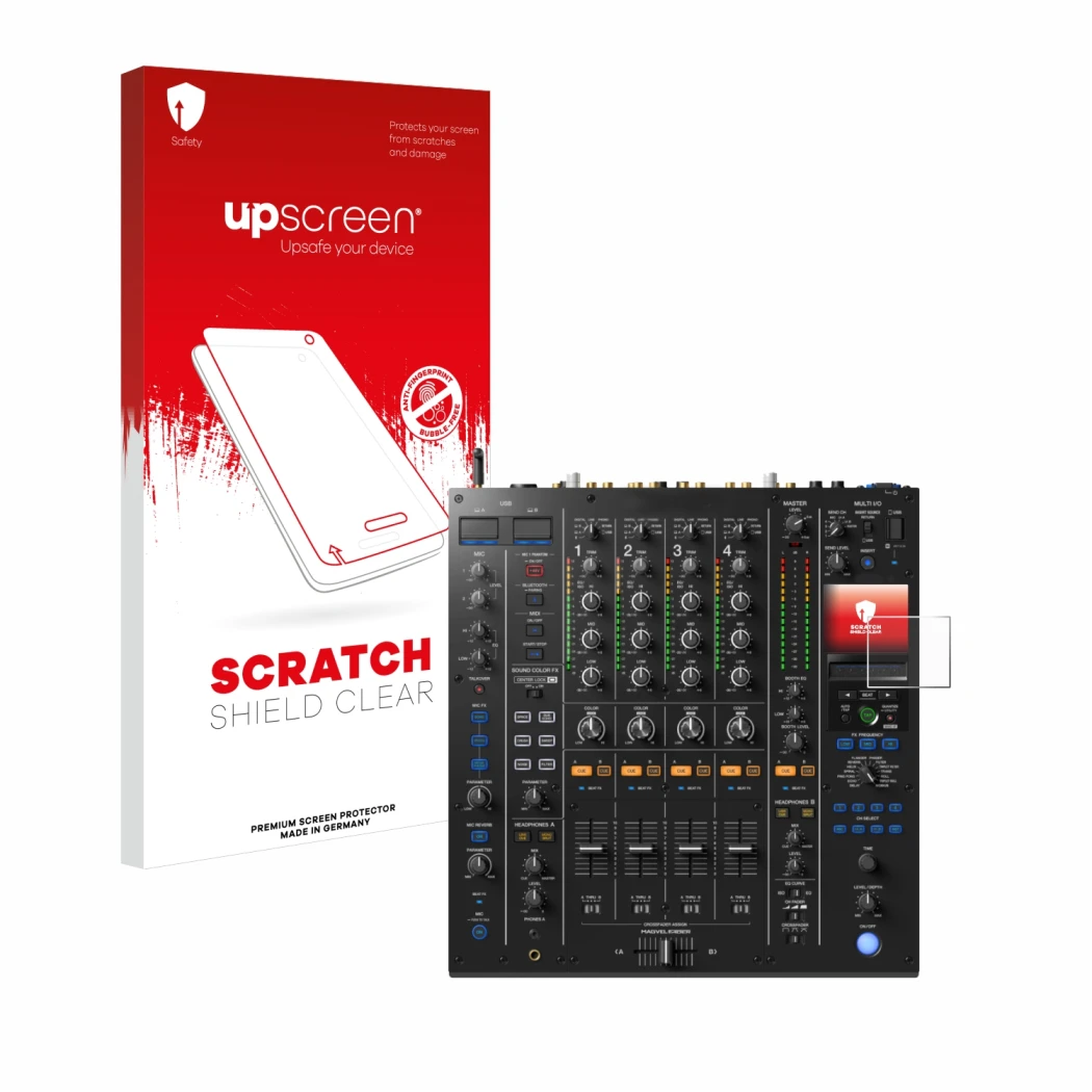 Parte frontal de un envase de producto con el logotipo de la marca upscreen. Al lado se muestra el dispositivo Pioneer DJM A9