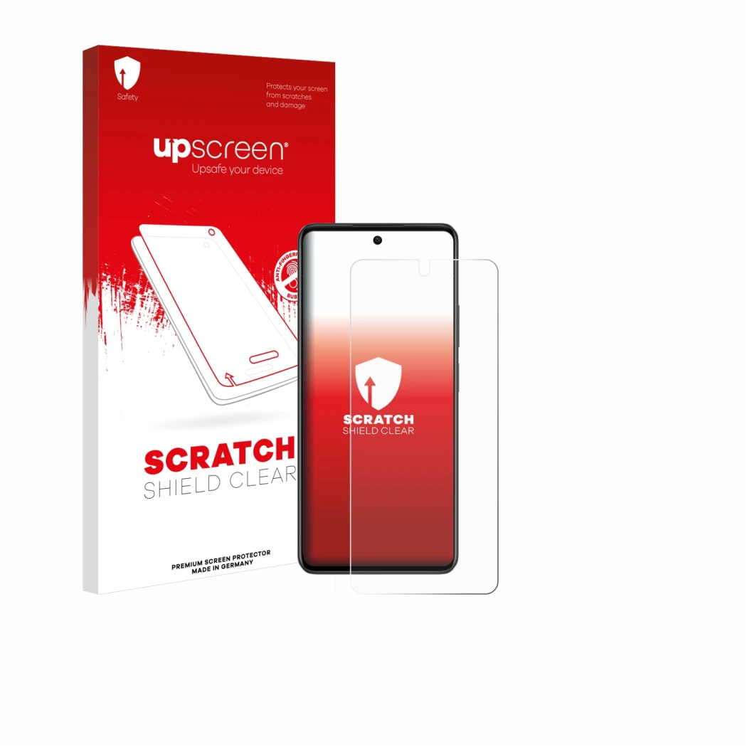 Parte frontal de un envase de producto con el logotipo de la marca upscreen. Al lado se muestra el dispositivo Oppo A79 5G con