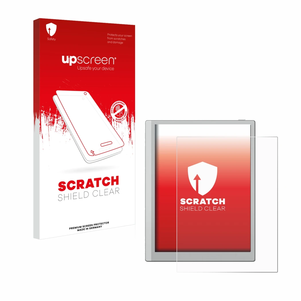 Parte frontal de un envase de producto con el logotipo de la marca upscreen. Al lado se muestra el dispositivo Boox Go 10.3 co