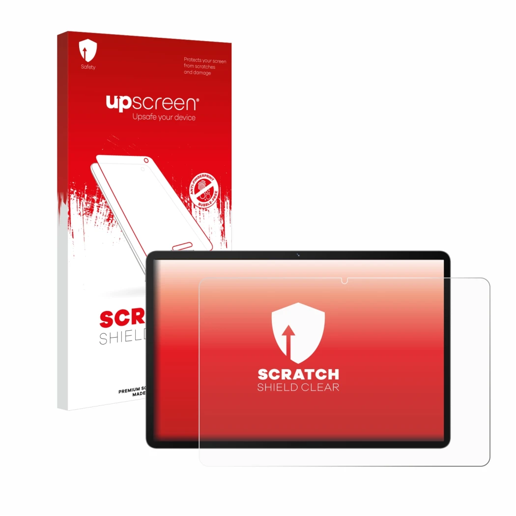 Parte frontal de un envase de producto con el logotipo de la marca upscreen. Al lado se muestra el dispositivo Huawei MatePad
