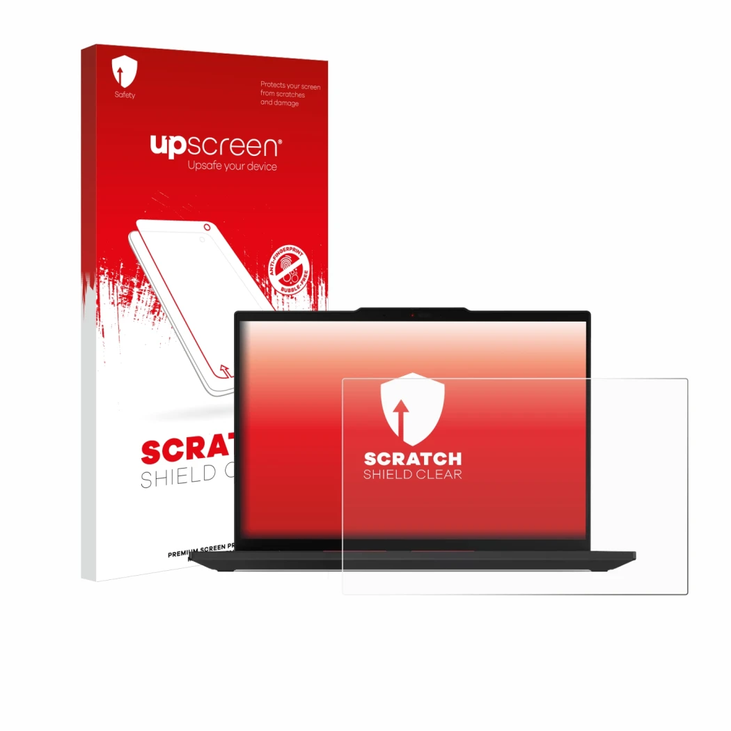 Parte frontal de un envase de producto con el logotipo de la marca upscreen. Al lado se muestra el dispositivo Lenovo ThinkPad