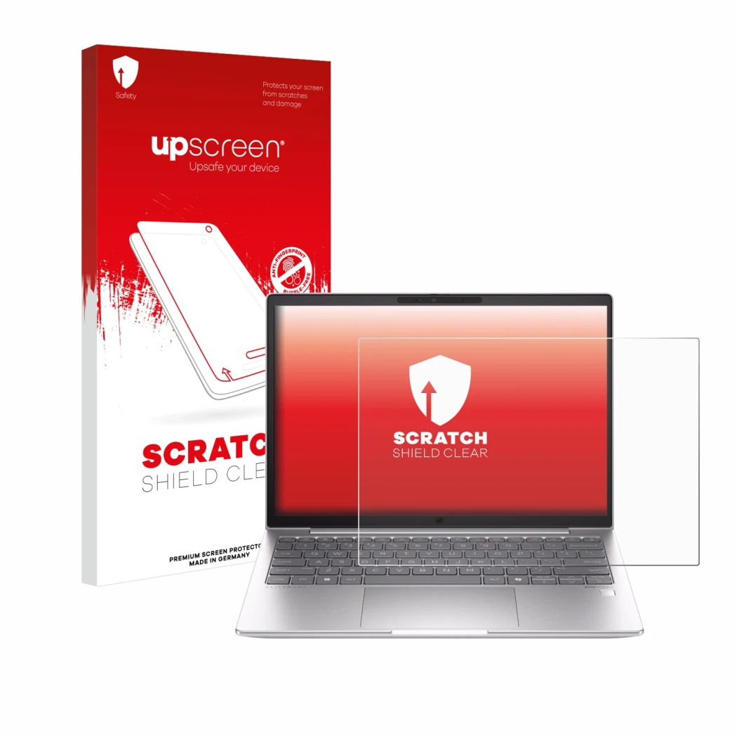Parte frontal de un envase de producto con el logotipo de la marca upscreen. Al lado se muestra el dispositivo HP EliteBook 63