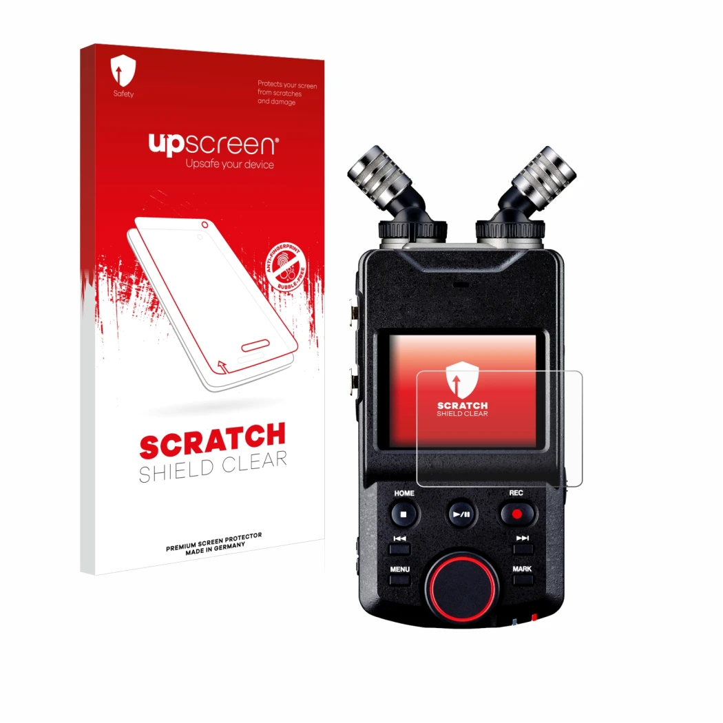 Parte frontal de un envase de producto con el logotipo de la marca upscreen. Al lado se muestra el dispositivo Tascam Portacap