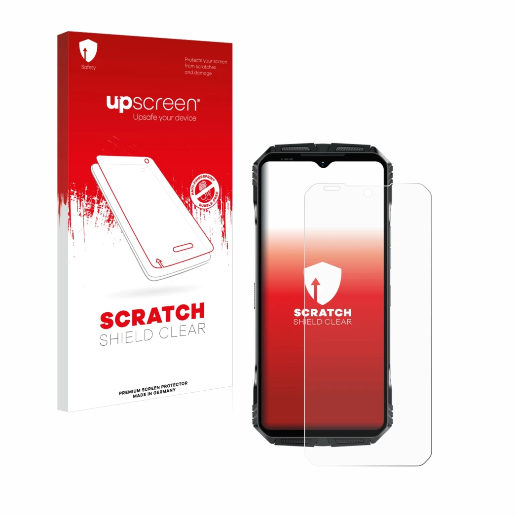Parte frontal de un envase de producto con el logotipo de la marca upscreen. Al lado se muestra el dispositivo Doogee S118 con