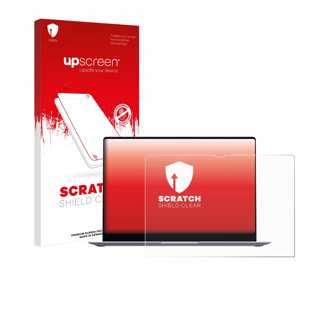 Parte frontal de un envase de producto con el logotipo de la marca upscreen. Al lado se muestra el dispositivo Samsung Galaxy 