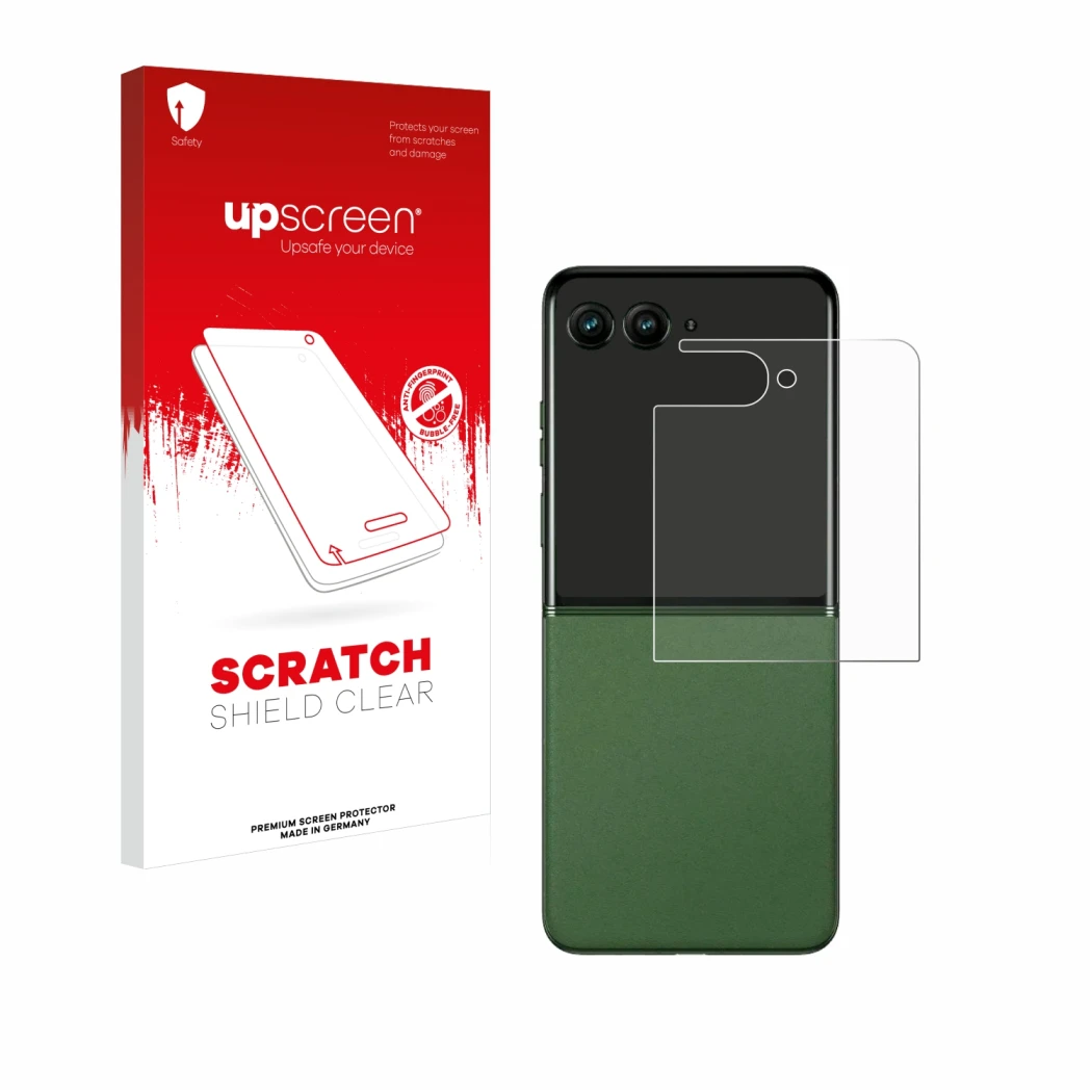 Parte frontal de un envase de producto con el logotipo de la marca upscreen. Al lado se muestra el dispositivo Motorola Razr 5