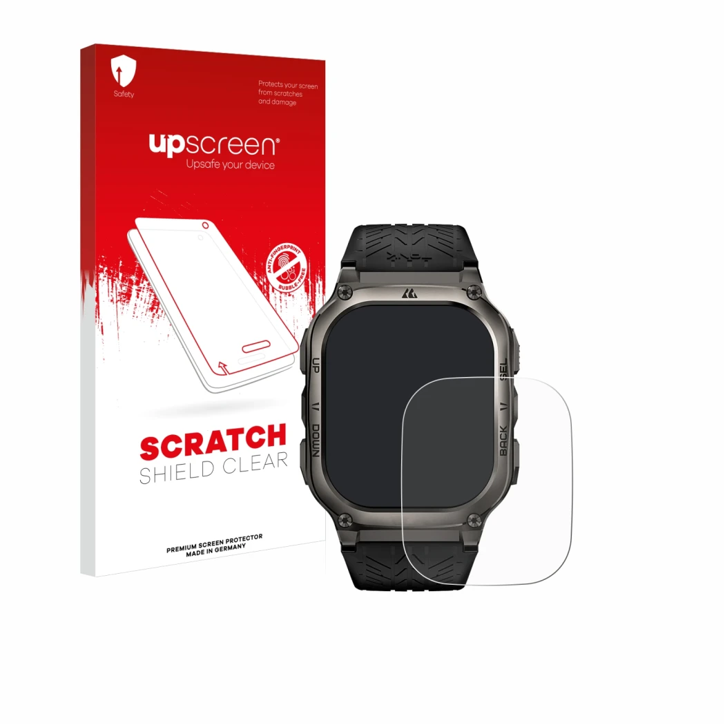Parte frontal de un envase de producto con el logotipo de la marca upscreen. Al lado se muestra el dispositivo Kospet Tank M3
