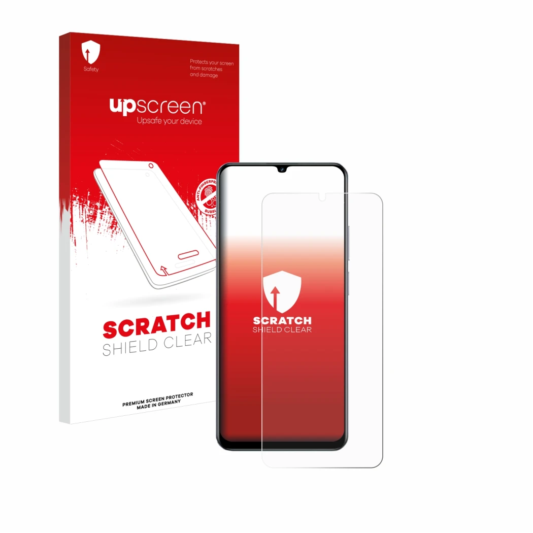 Parte frontal de un envase de producto con el logotipo de la marca upscreen. Al lado se muestra el dispositivo realme C61 con