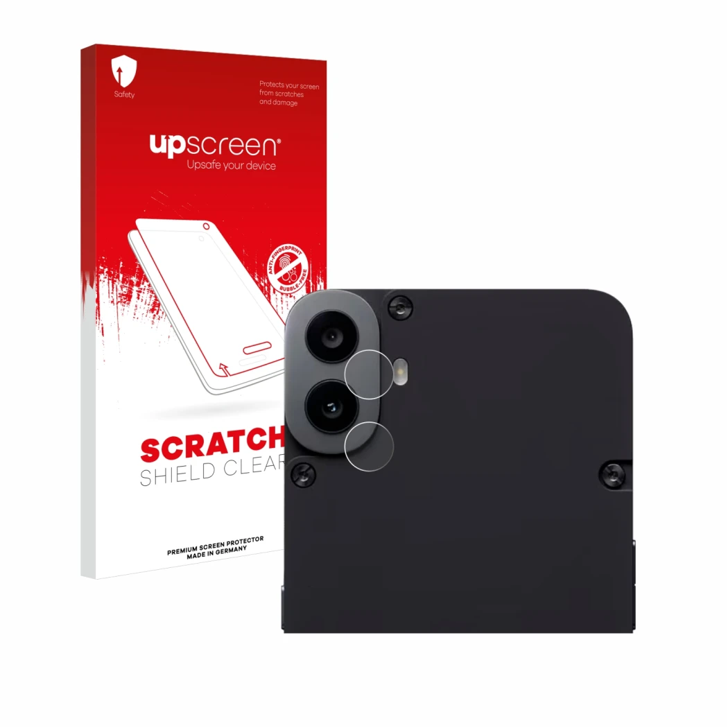 Parte frontal de un envase de producto con el logotipo de la marca upscreen. Al lado se muestra el dispositivo Nothing CMF Pho