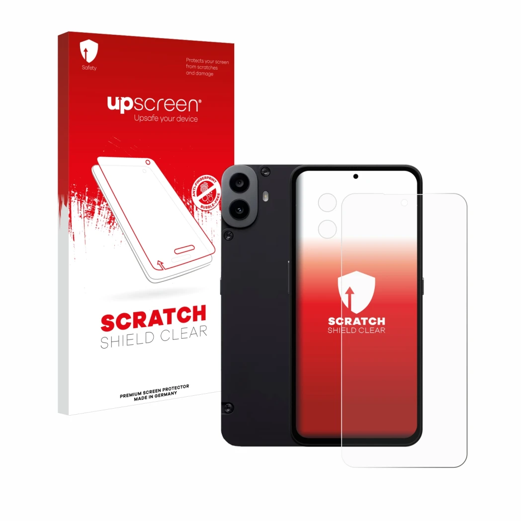 Parte frontal de un envase de producto con el logotipo de la marca upscreen. Al lado se muestra el dispositivo Nothing CMF Pho