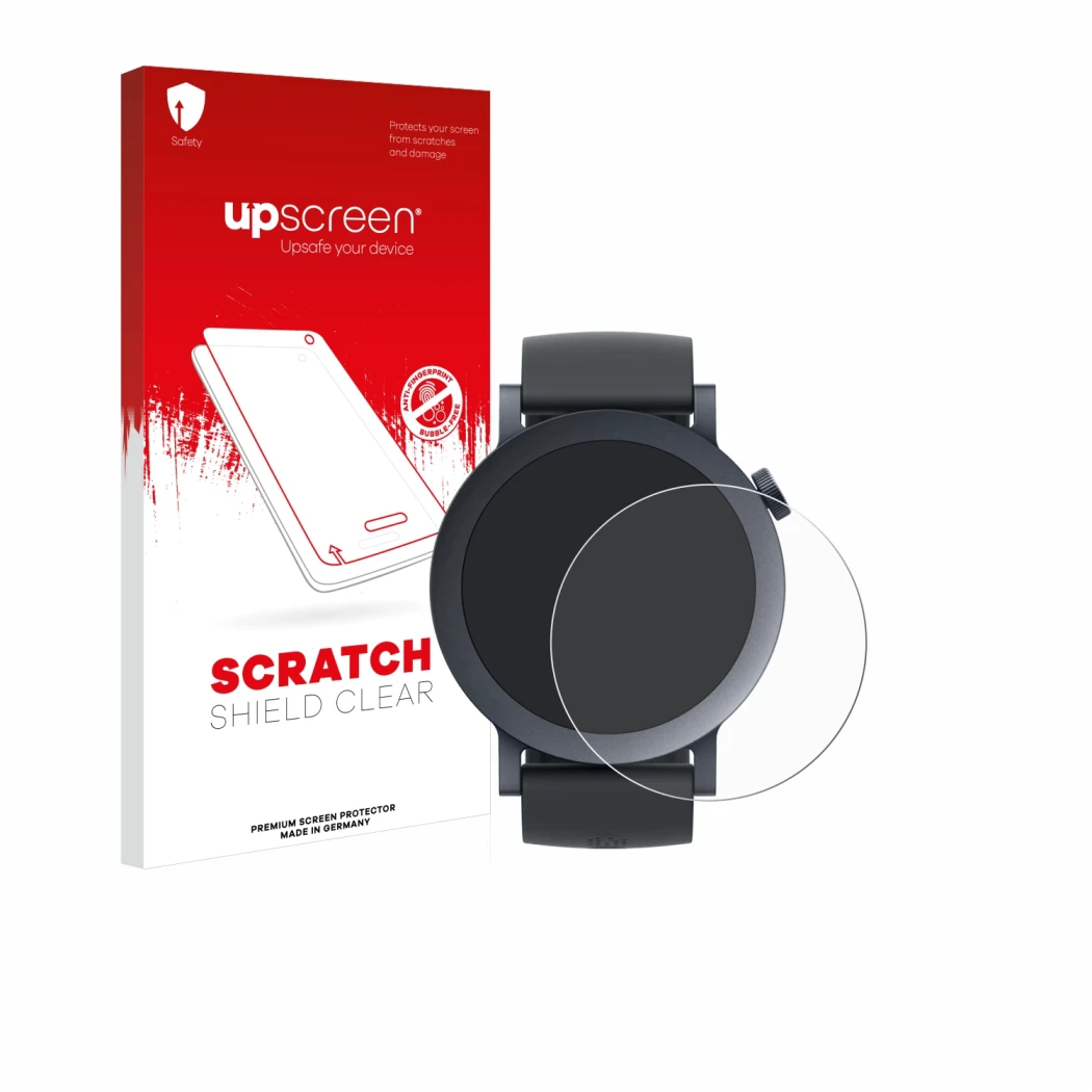 Parte frontal de un envase de producto con el logotipo de la marca upscreen. Al lado se muestra el dispositivo Nothing CMF Wat