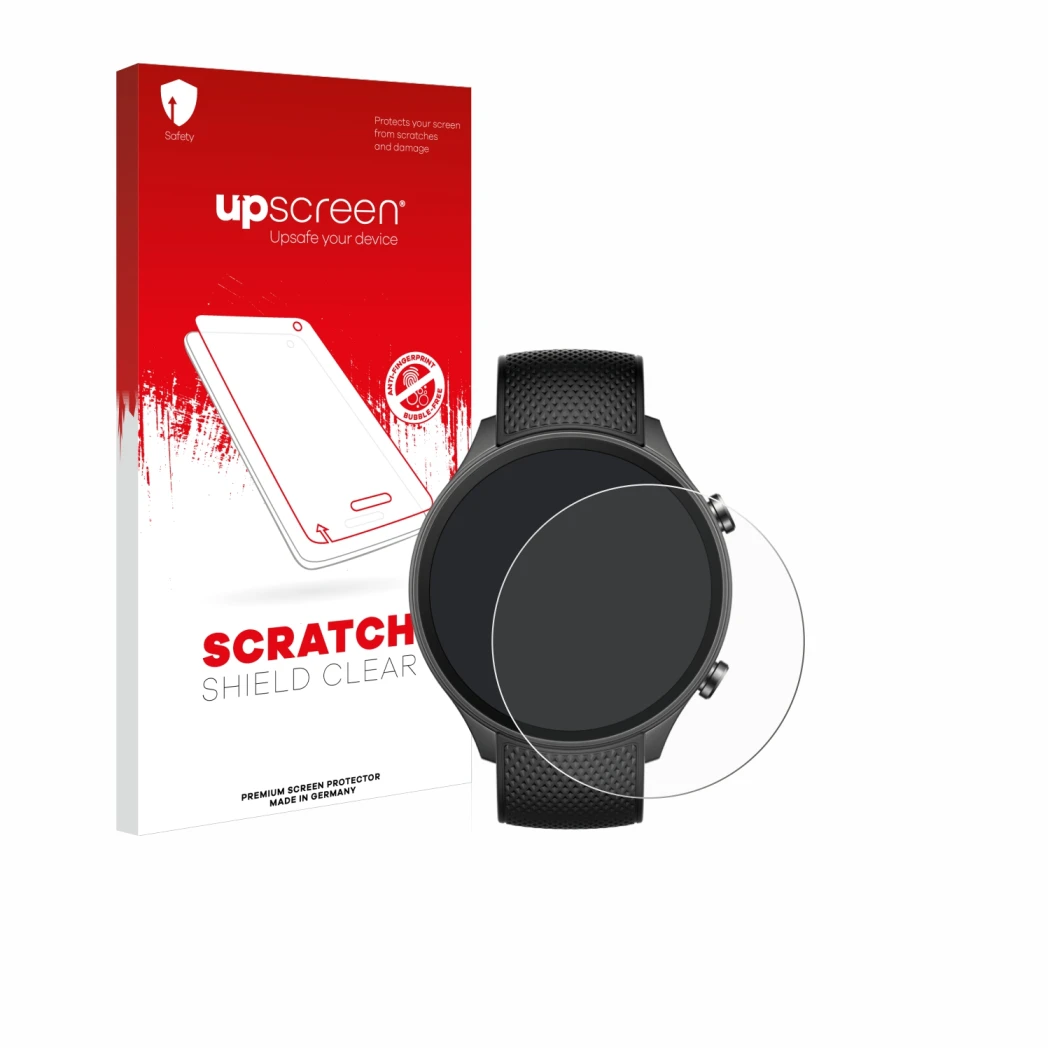 Parte frontal de un envase de producto con el logotipo de la marca upscreen. Al lado se muestra el dispositivo OnePlus watch 2