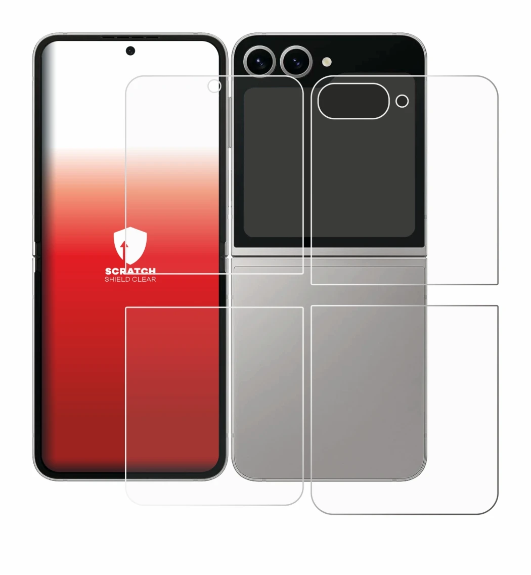 Imagen del dispositivo Samsung Galaxy Z Flip 6 (Frontal+Trasero) con una amplia variedad de protectores de pantalla.