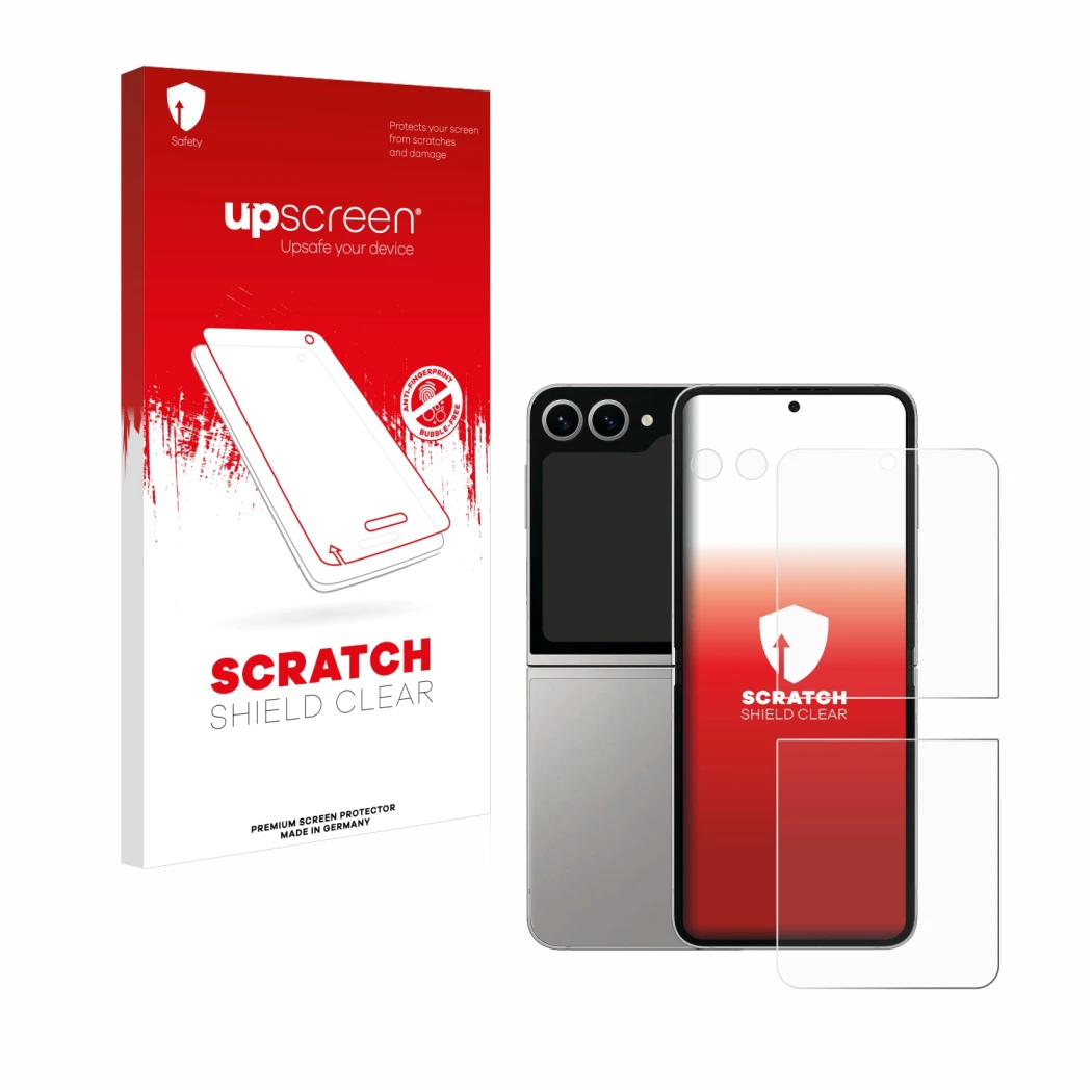 Parte frontal de un envase de producto con el logotipo de la marca upscreen. Al lado se muestra el dispositivo Samsung Galaxy 