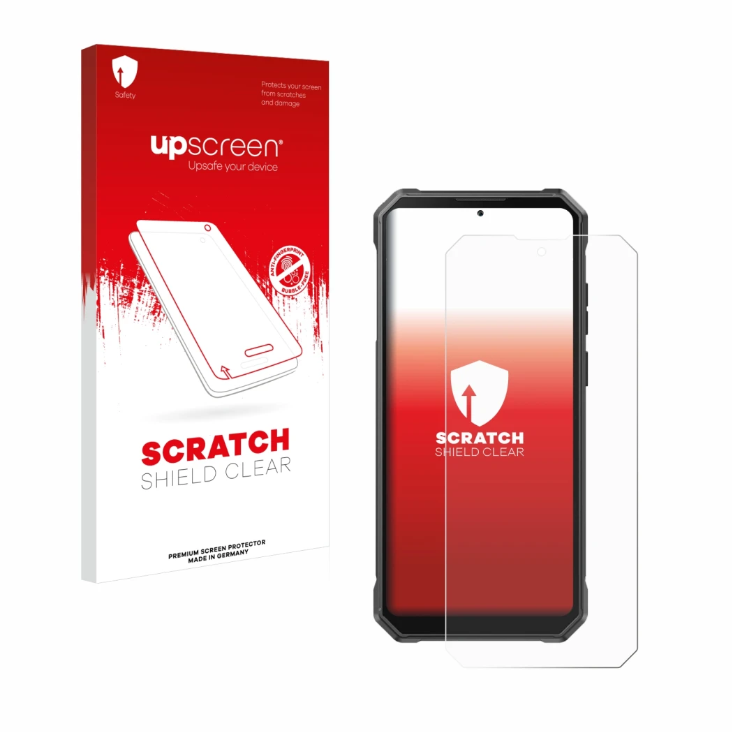 Parte frontal de un envase de producto con el logotipo de la marca upscreen. Al lado se muestra el dispositivo Fossibot F105 c