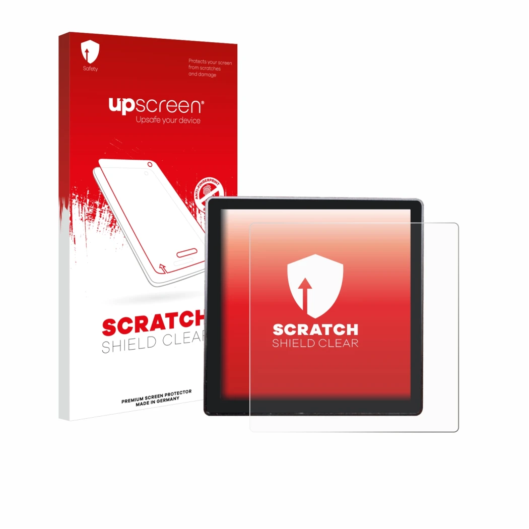 Parte frontal de un envase de producto con el logotipo de la marca upscreen. Al lado se muestra el dispositivo Shelly Wall Dis