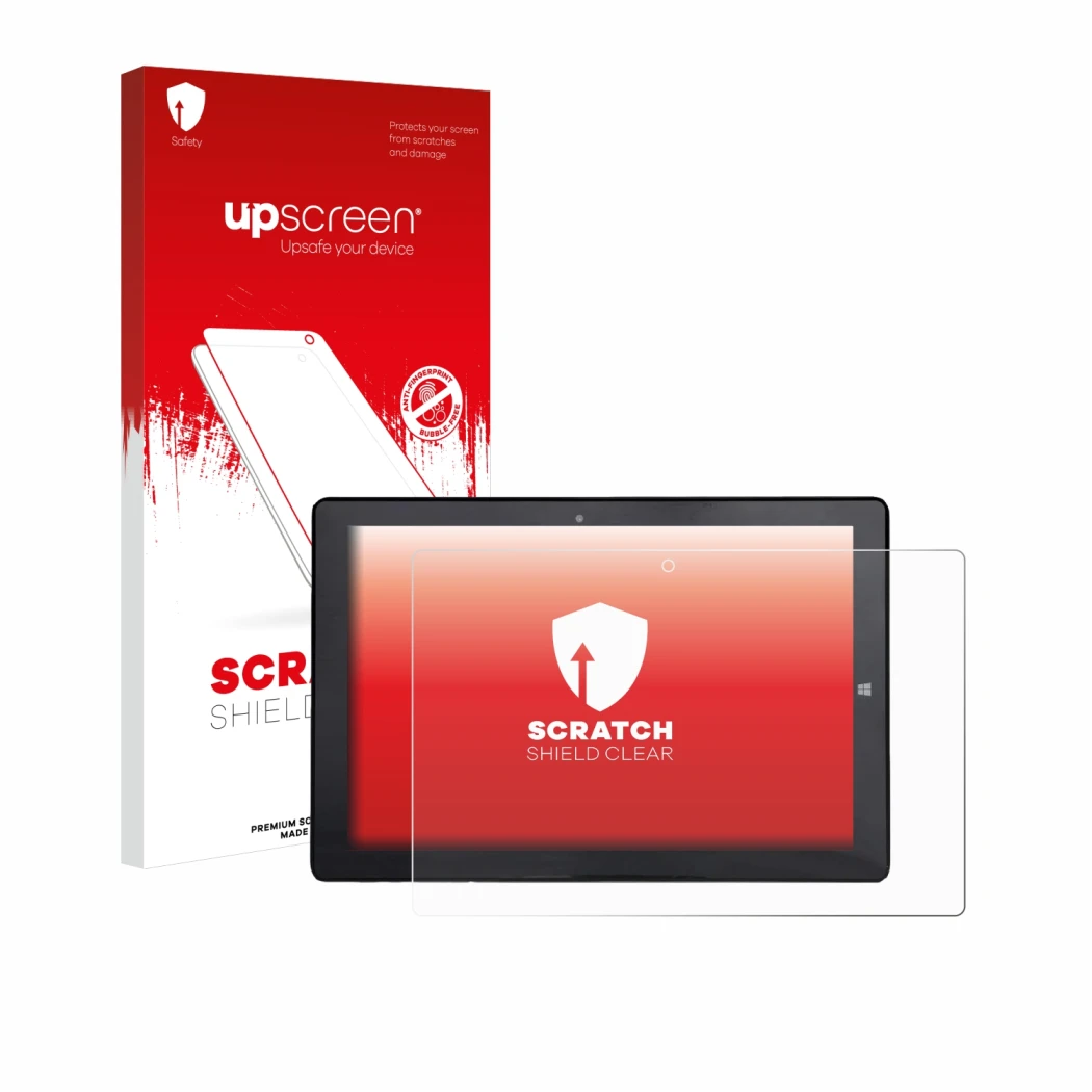 Parte frontal de un envase de producto con el logotipo de la marca upscreen. Al lado se muestra el dispositivo Awow AiBook 10