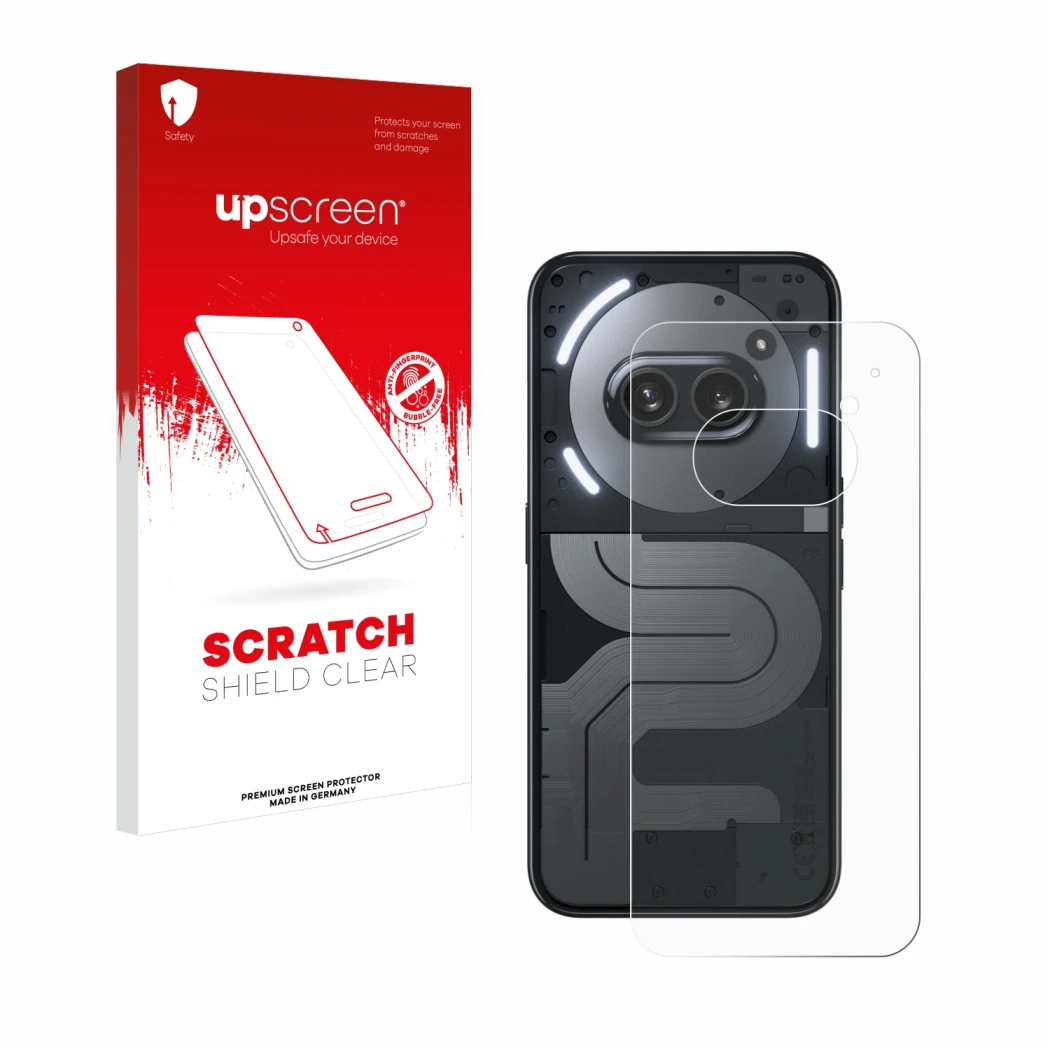 Parte frontal de un envase de producto con el logotipo de la marca upscreen. Al lado se muestra el dispositivo Nothing Phone (