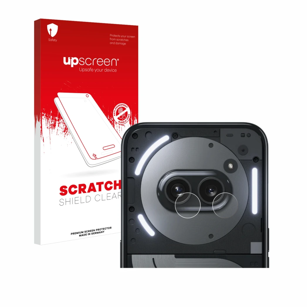 Parte frontal de un envase de producto con el logotipo de la marca upscreen. Al lado se muestra el dispositivo Nothing Phone (