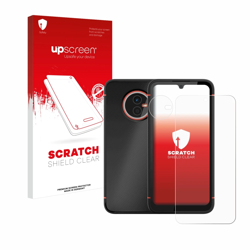 Parte frontal de un envase de producto con el logotipo de la marca upscreen. Al lado se muestra el dispositivo Gigaset GX4 Pro