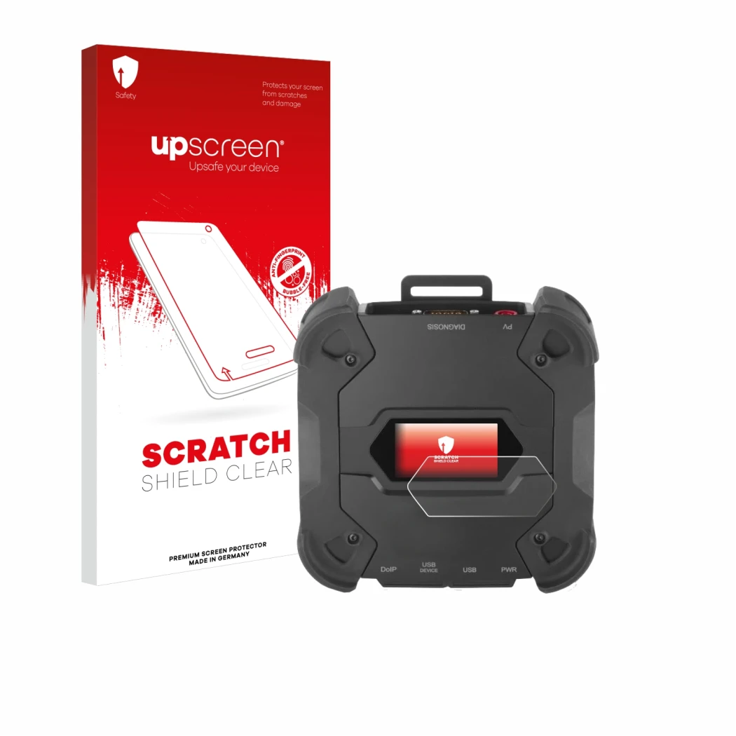 Parte frontal de un envase de producto con el logotipo de la marca upscreen. Al lado se muestra el dispositivo Texa TXT MULTIH