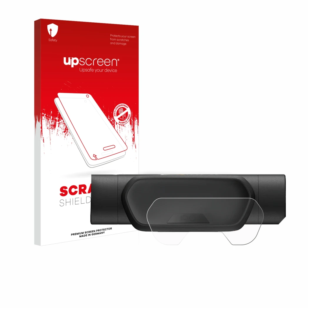 Parte frontal de un envase de producto con el logotipo de la marca upscreen. Al lado se muestra el dispositivo Segway Ninebot