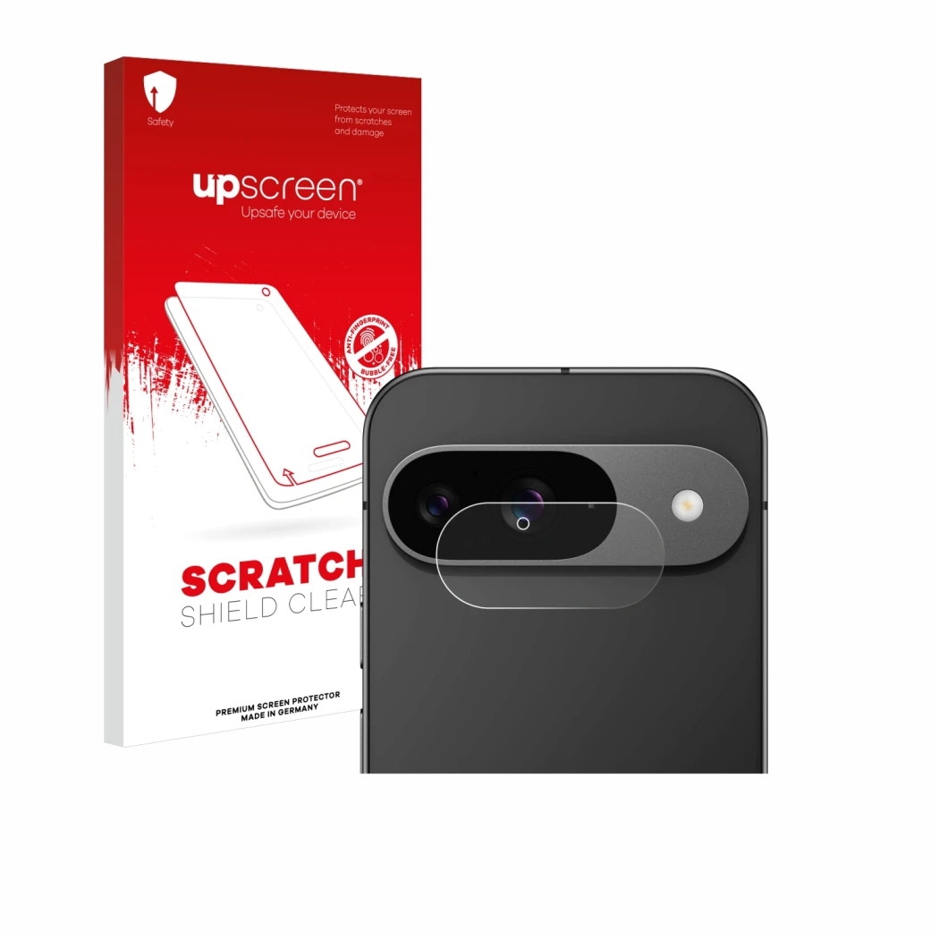 Parte frontal de un envase de producto con el logotipo de la marca upscreen. Al lado se muestra el dispositivo Google Pixel 9