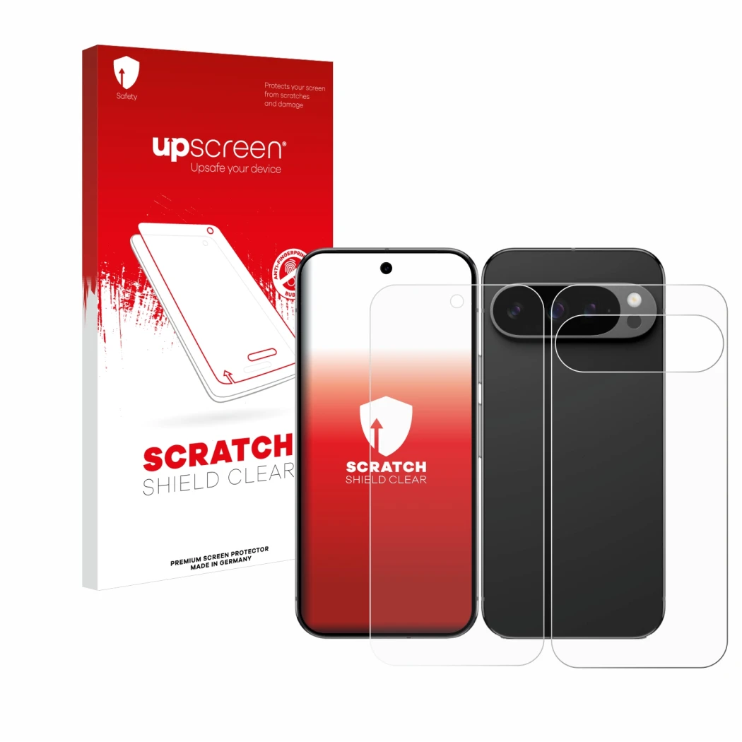 Parte frontal de un envase de producto con el logotipo de la marca upscreen. Al lado se muestra el dispositivo Google Pixel 9 