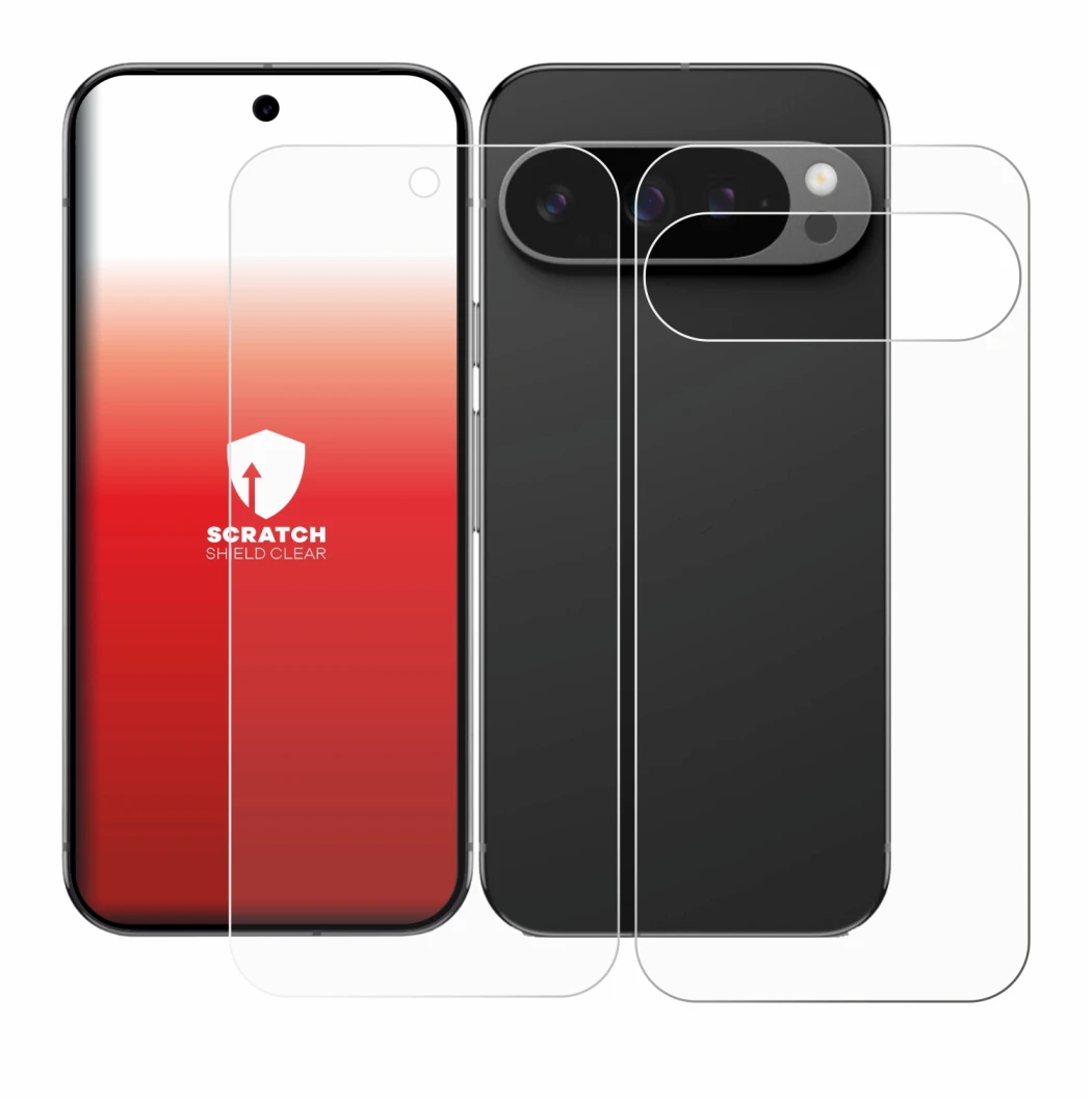 Imagen del dispositivo Google Pixel 9 Pro (Frontal+Trasero) con una amplia variedad de protectores de pantalla.